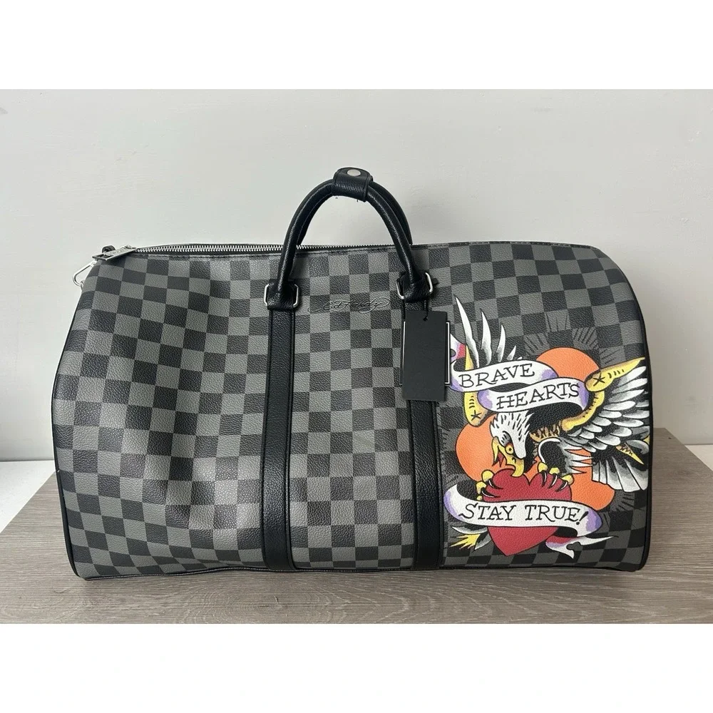 Ed Hardy Checked Duffle Weekender Travel Bag 'Brave Hearts Stay True'